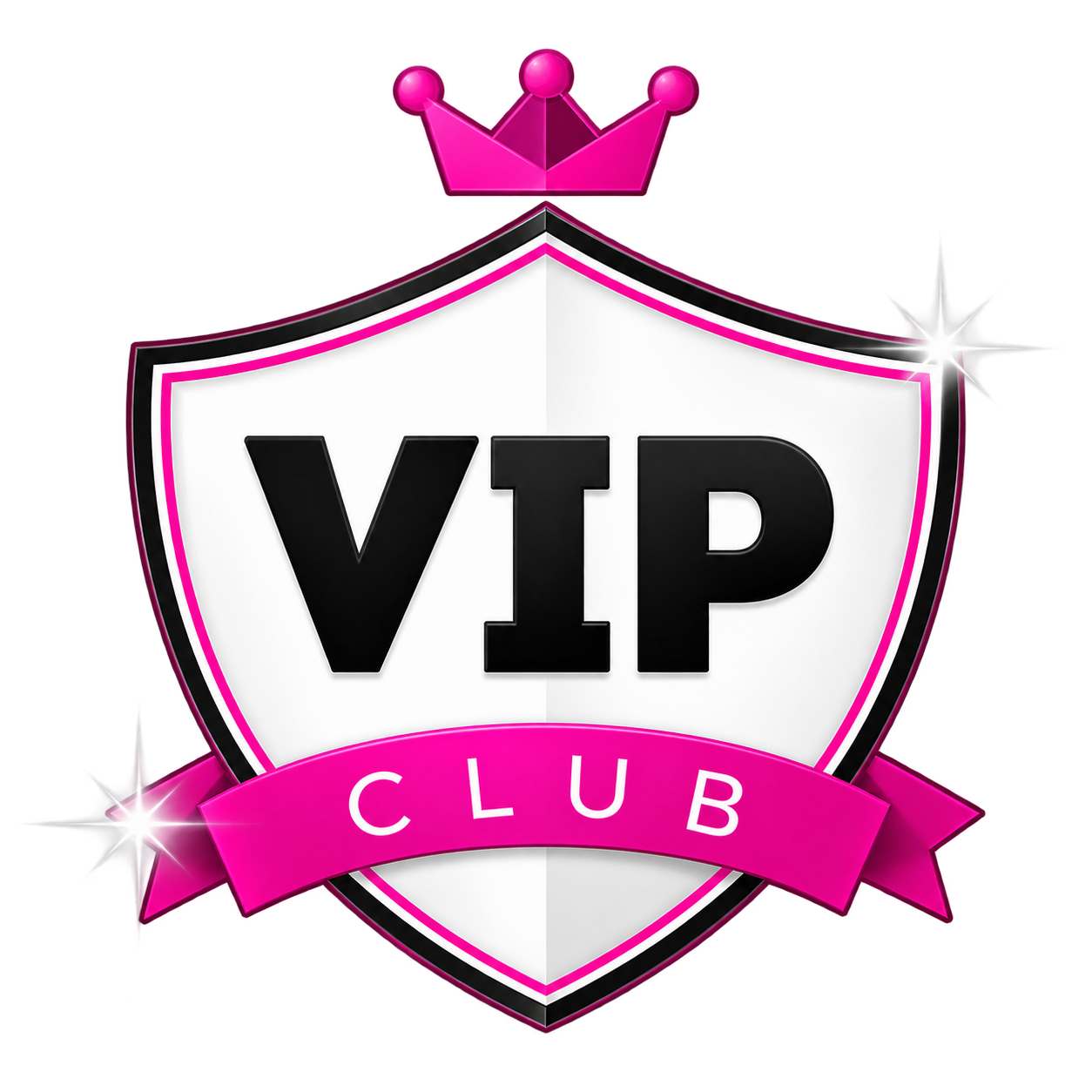VIP club shield logo with pink crown and ribbon, white sparkles and bold white lettering