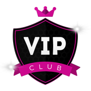 VIP club shield logo with pink crown and ribbon, white sparkles and bold white lettering
