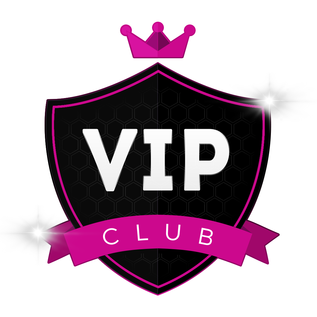 Black VIP club shield logo with pink crown and ribbon, sparkling accents