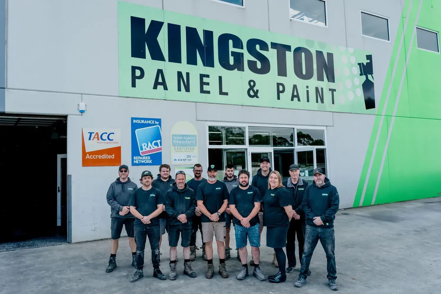 Group of Workers Standing Outside Kingston Panel & Paint — Kingston Panel & Paint in Huntingfield, TAS