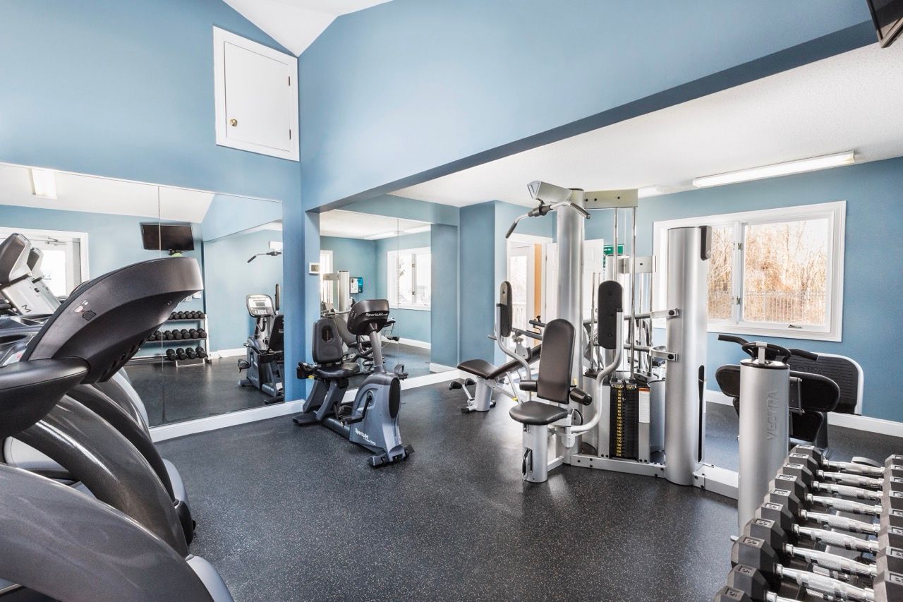 Interior of a blue-walled apartment gym with treadmills, stationary bikes, and weight machines.