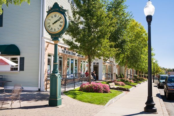 Tree-lined main street with a vintage clock, sidewalk cafés, and parked cars on a sunny day