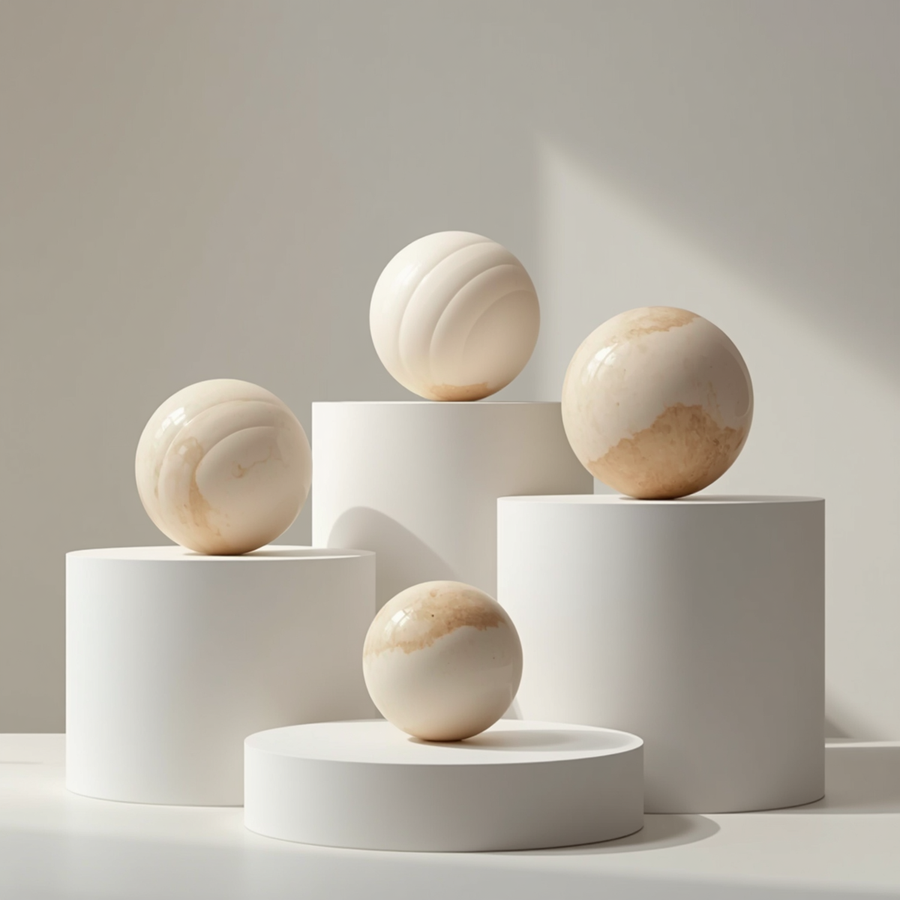 Minimalist white and beige spheres on white pedestals against a soft neutral background