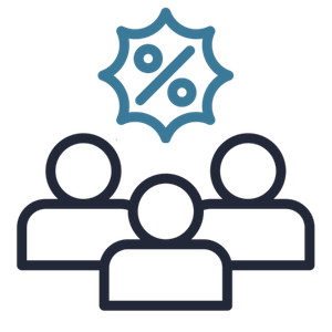 Blue discount percent symbol above three outlined people icons