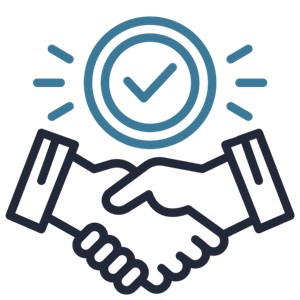Handshake with a blue checkmark in a circle above it, symbolizing agreement or approval