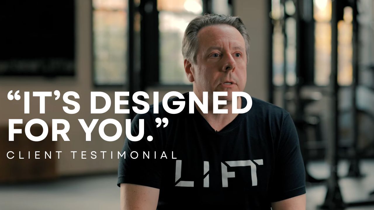 Man in black LIFT shirt with quote “It’s designed for you” and “client testimonial” overlay