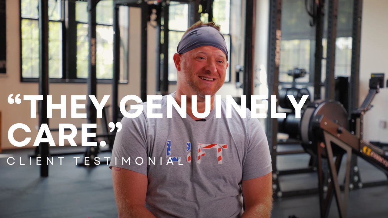 Man smiling in gym with quote text: “They genuinely care.”