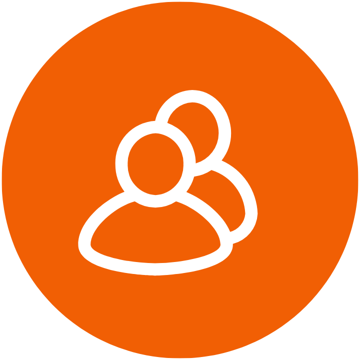 White outline of three people inside an orange circle.