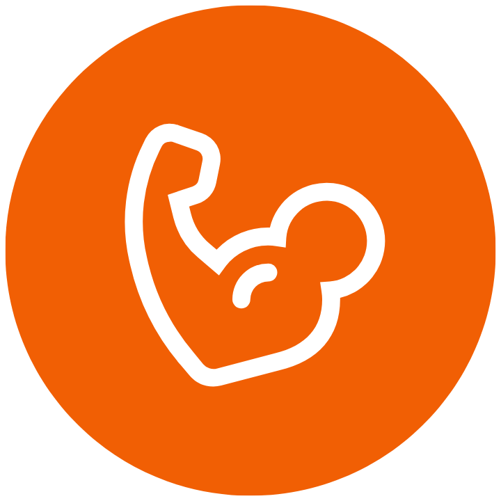 White outline of a flexing bicep on an orange circle.