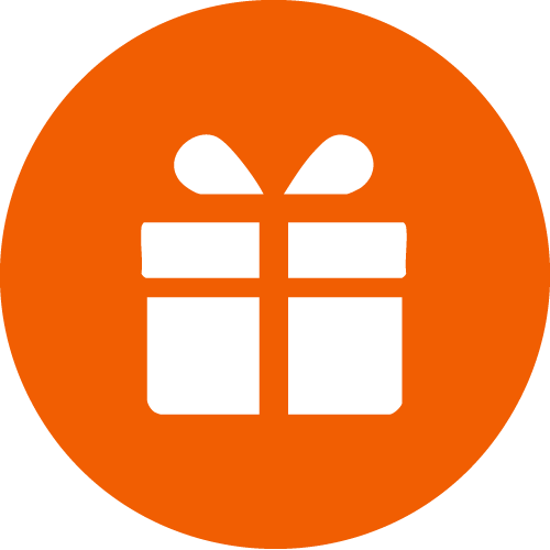 White gift icon with ribbon on an orange circle.
