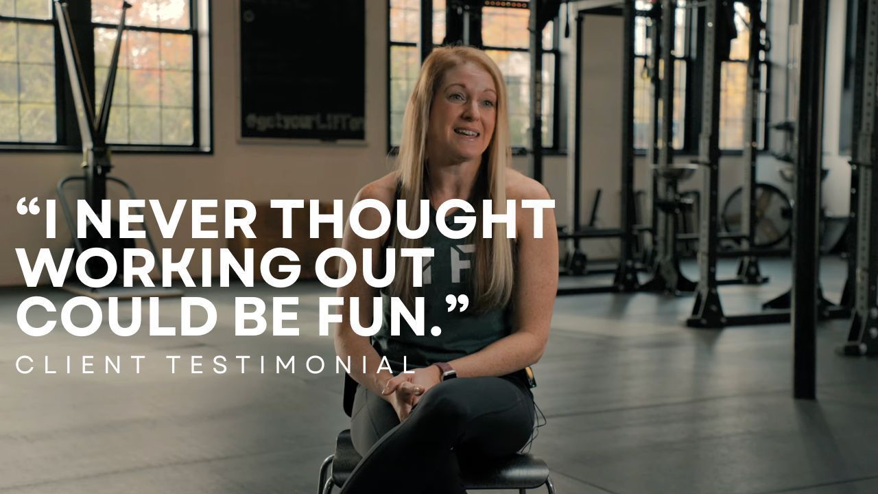 Woman seated in a gym with overlaid text: “I NEVER THOUGHT WORKING OUT COULD BE FUN.”