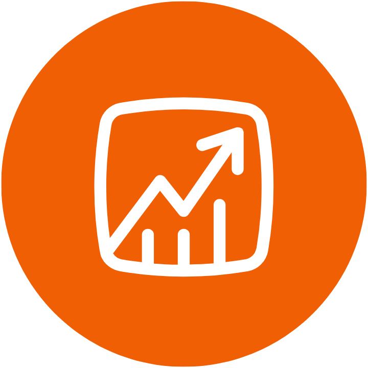 White upward trend graph icon in an orange circle.