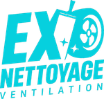 Logo turquoise pour « EXO NETTOYAGE VENTILATION » avec outils de nettoyage et ventilateur.