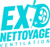 Logo turquoise : « EXO NETTOYAGE VENTILATION » avec un motif d'essuie-glace et de ventilateur.