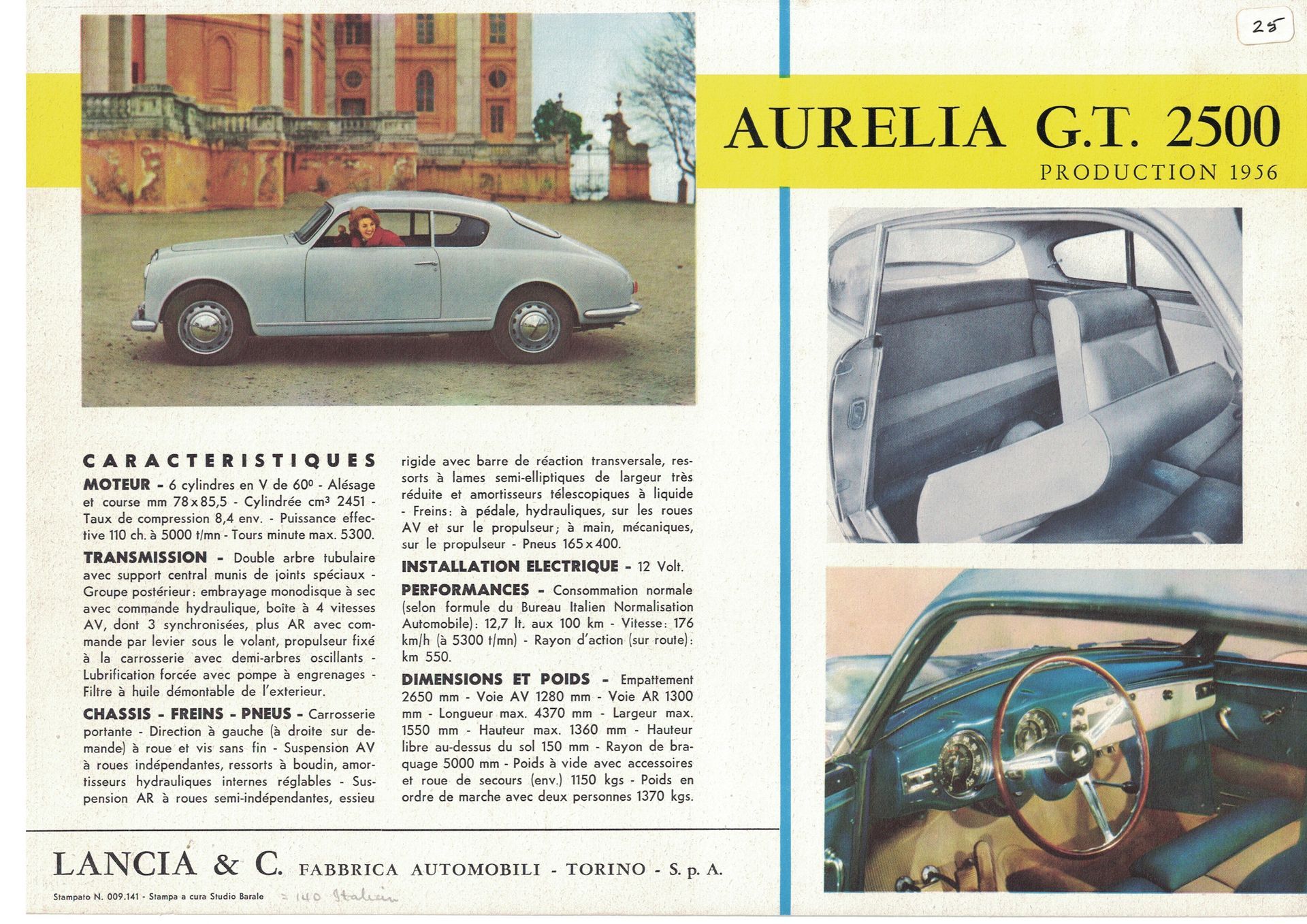 An advertisement for a Lancia Aurelia GT 2500 in light blue with interior and dashboard views.