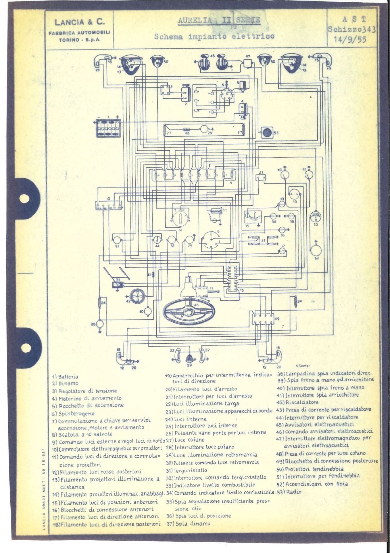 Wiring diagram for a Lancia car, blueprint style. Shows electrical components connected by lines, with a list of parts.