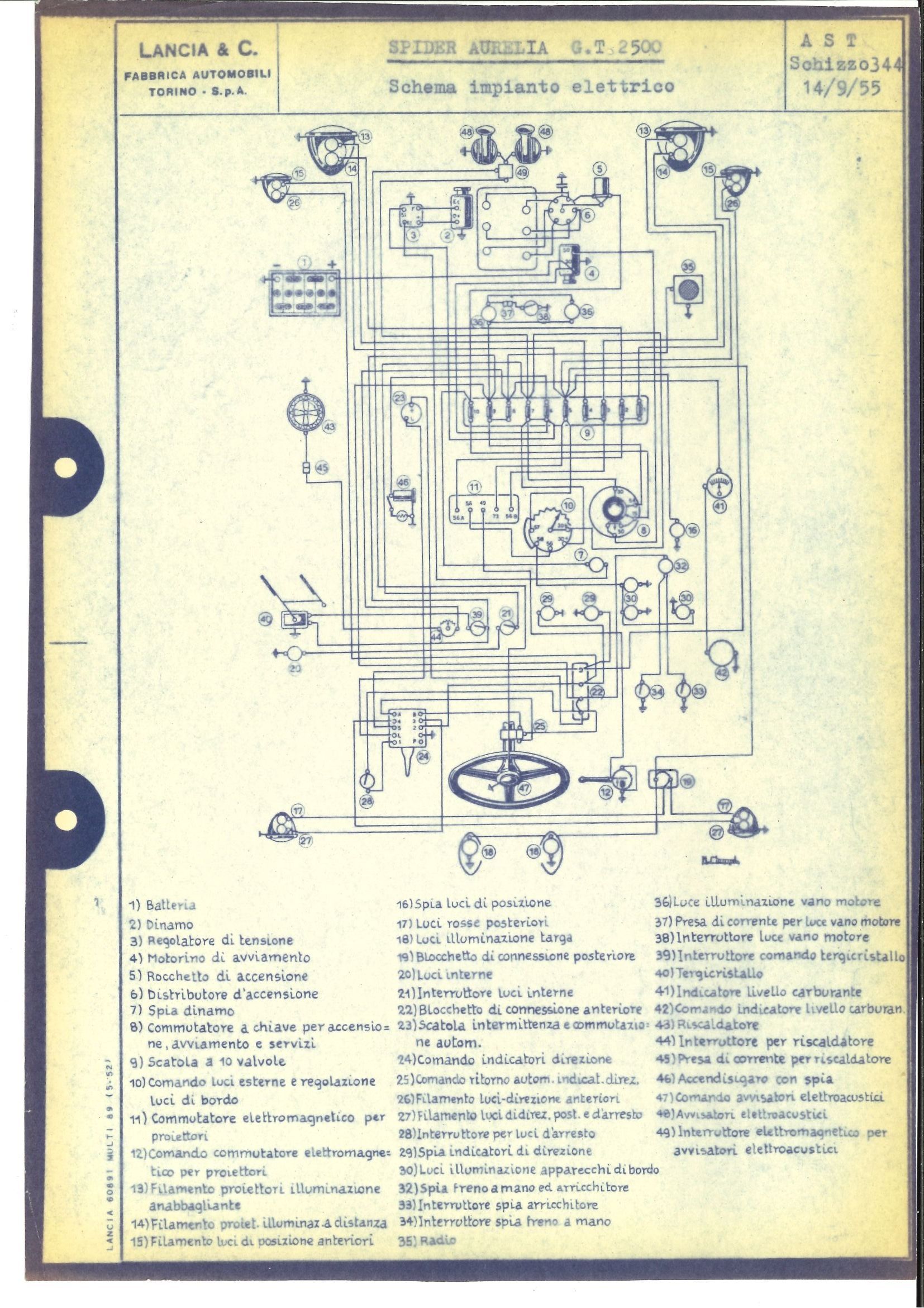 Wiring diagram, Italian with labels, for a Fiat automobile, printed on aged blue paper.