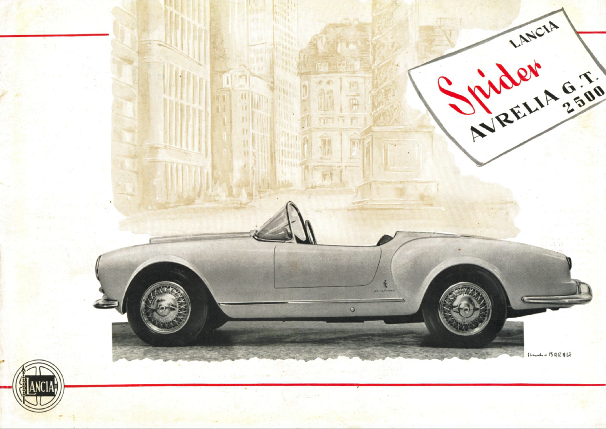Lancia Aurelia G.T. Spider 2500, light-colored convertible car, parked in front of buildings. Promotional artwork.