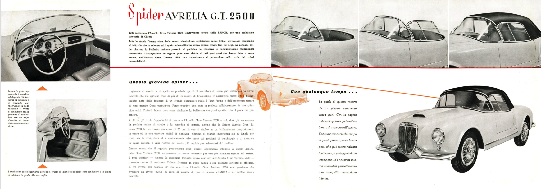Brochure for a Lancia Aurelia B20 GT with interior and exterior views, and a detailed description.