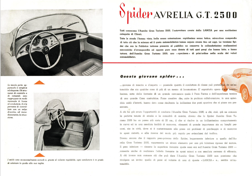 Brochure for a Lancia Aurelia GT 2500 Spider car, featuring interior and exterior views.
