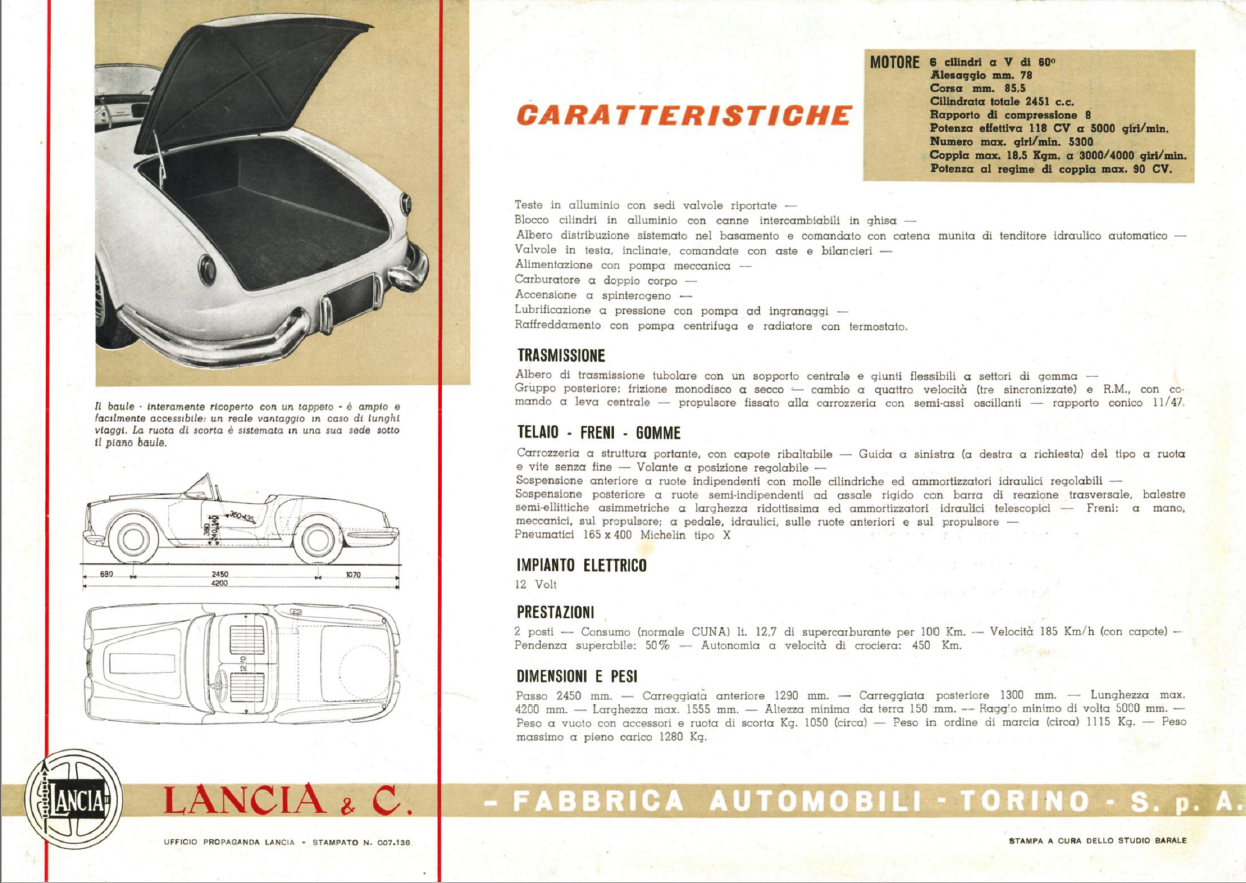 Brochure with Lancia car illustrations and specifications in Italian.