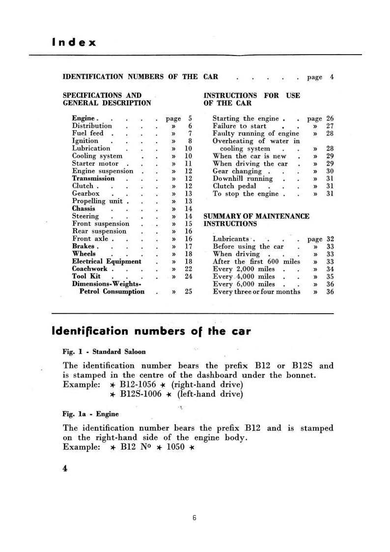 Index page listing topics and page numbers, and instructions for identification numbers.