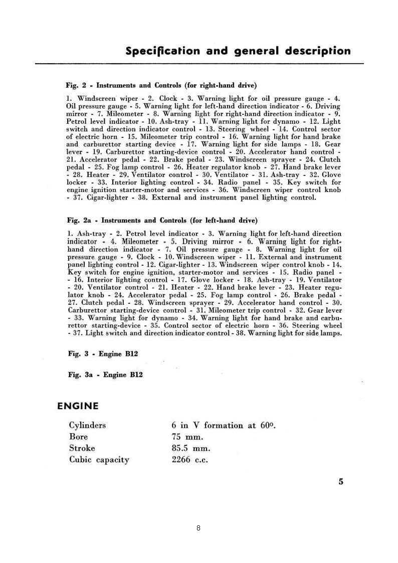 Text-heavy document with diagrams and specifications. Lists engine details: cylinders, bore, stroke, and cubic capacity.