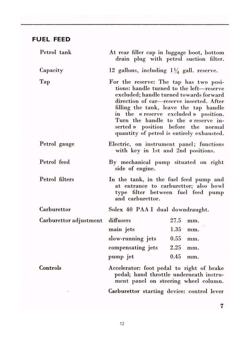 Text detailing fuel feed specifications, including capacity, gauges, carburetors, and jets.