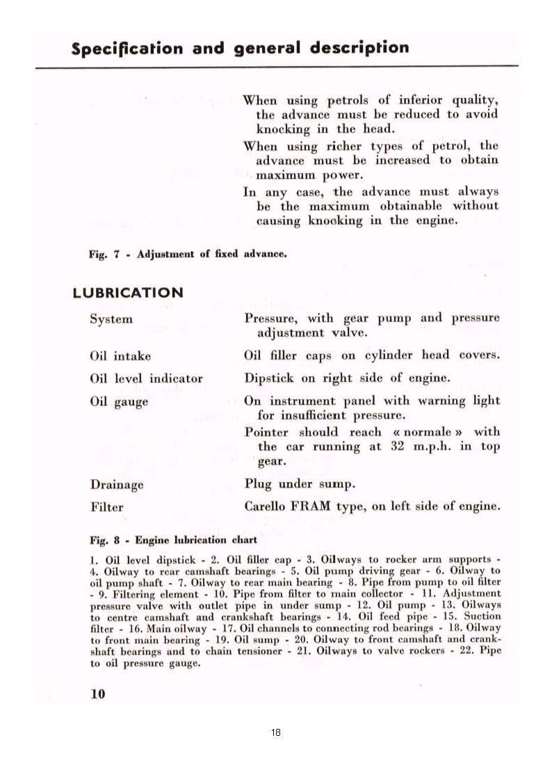 Text document with specifications and general descriptions for lubrication and engine lubrication chart.