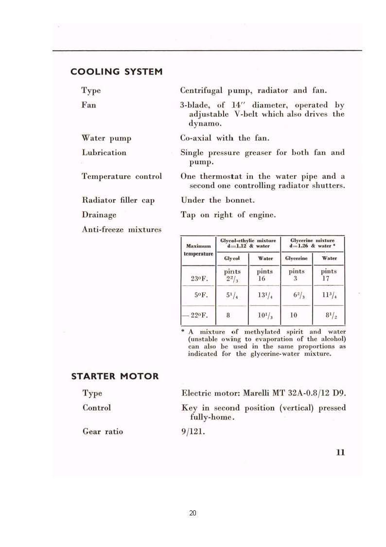 Page with text on cooling and starter motor systems, including a table of pressure vs. temp data.
