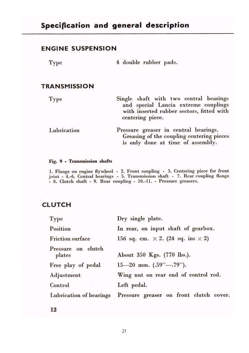 Page from a manual with technical specifications for engine suspension, transmission, and clutch.