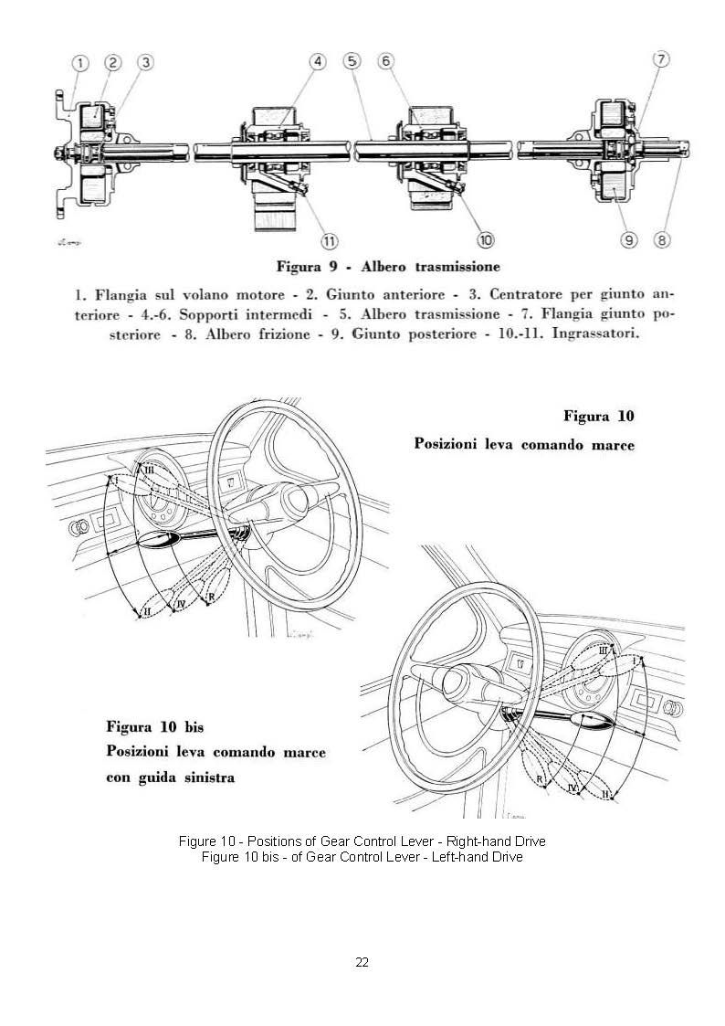 Diagram of a mechanical system with parts labeled, along with two perspective drawings of a steering wheel system.