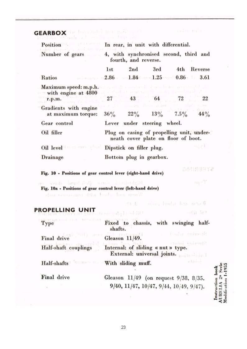 Technical specifications of a vehicle's transmission and propelling unit. Contains gear ratios, and components.