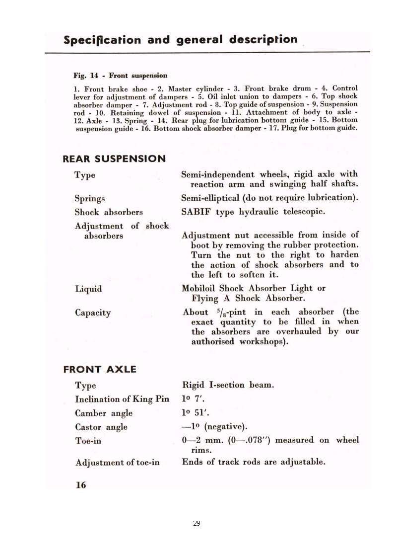 Text document: Specifications and general description, including rear suspension and front axle details.