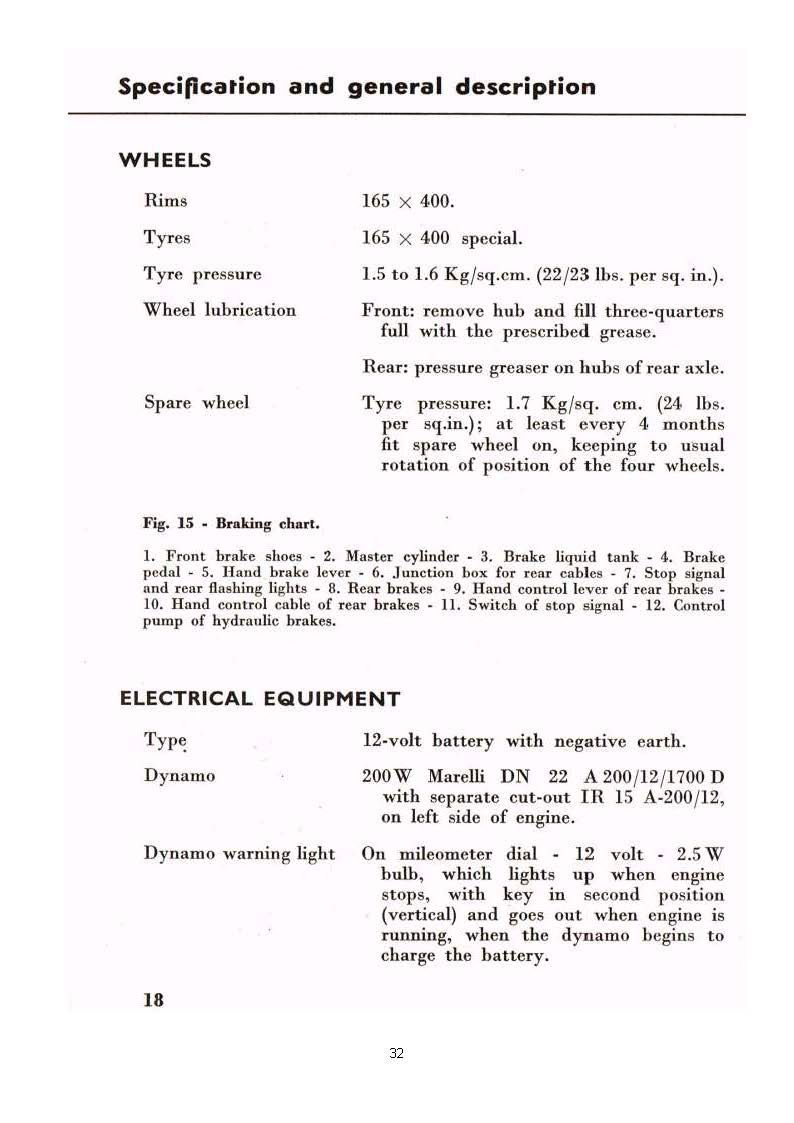 Document page with specifications for wheels and electrical equipment, with text.
