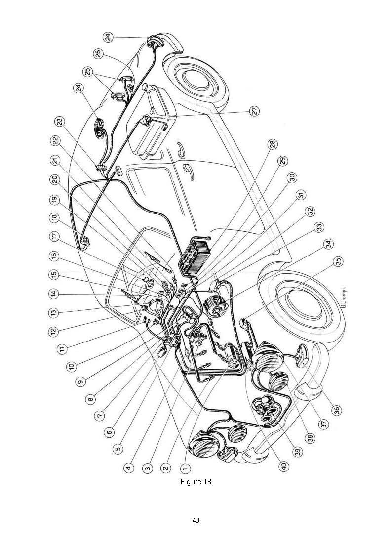 Diagram of vehicle components with labels, showing engine, wheels, and wiring.