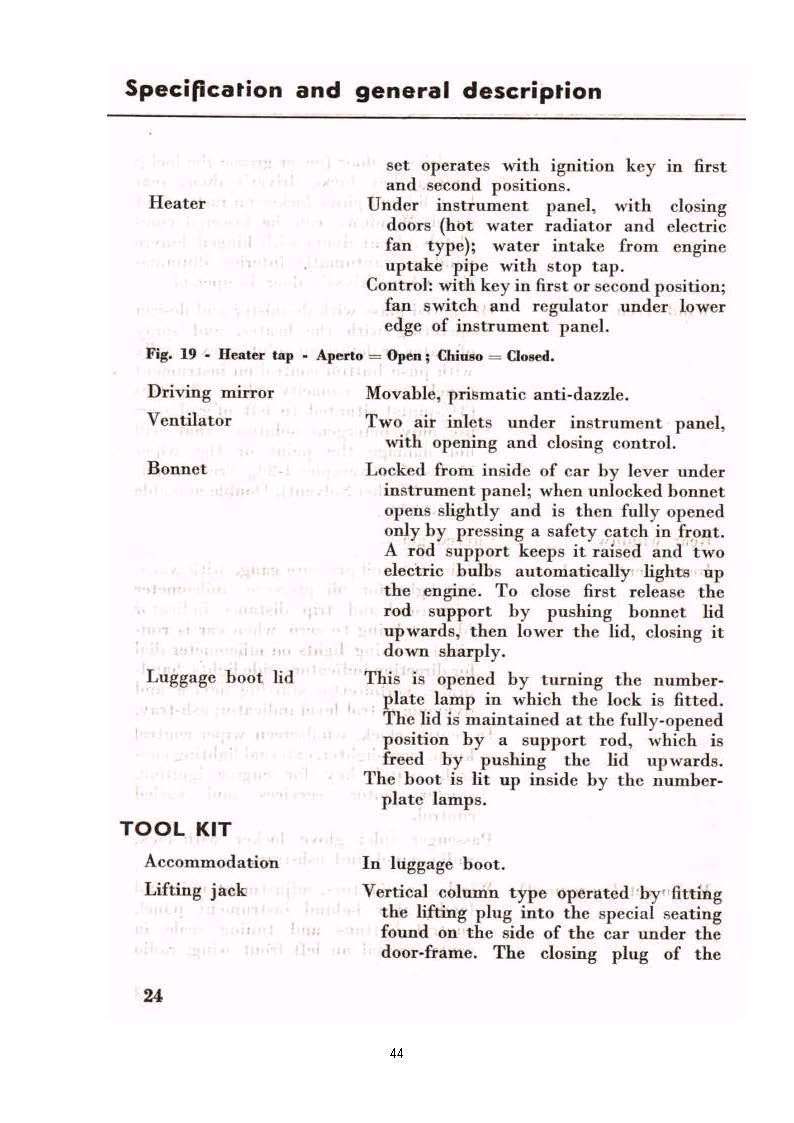 Specifications and general description of a car, with text listing vehicle components.