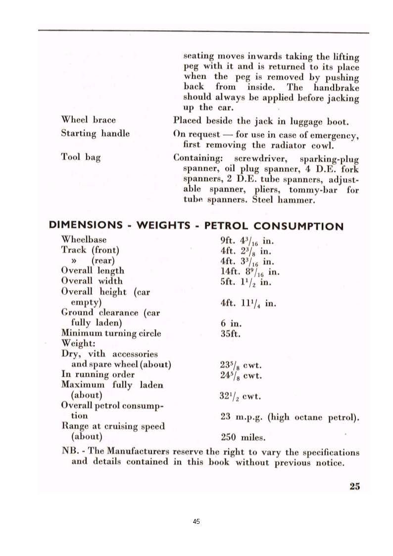 Page with dimensions, weights, and fuel consumption information. Text is black on white.