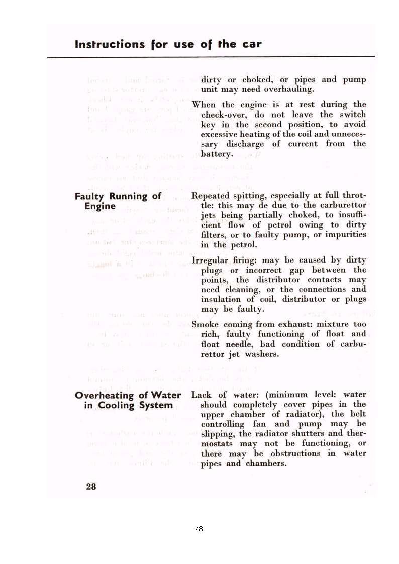 Instructions for car use, focusing on starting the engine and cooling system.