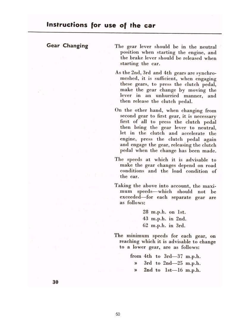 Instructions for use of the car: Text on gear changing, with speed and shifting instructions.