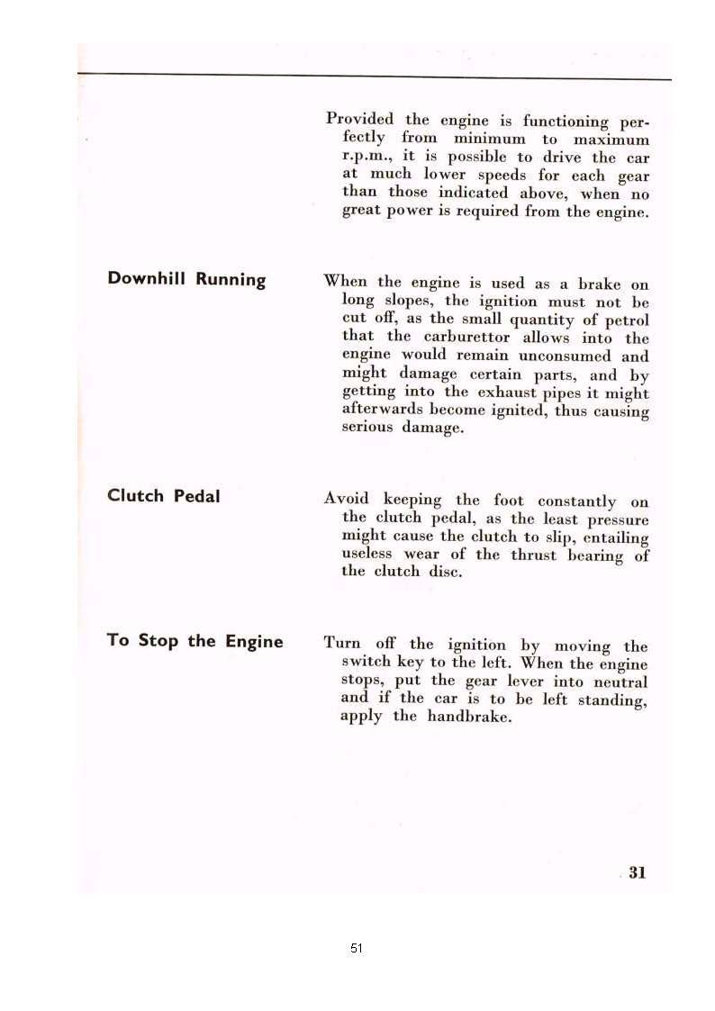 Text instructions about driving, covering downhill running, check pedal, and stopping the engine.