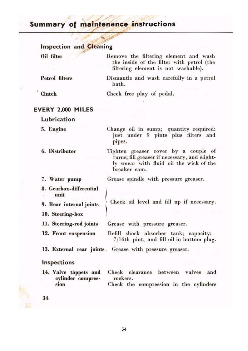 Summary of maintenance instructions for a vehicle.
