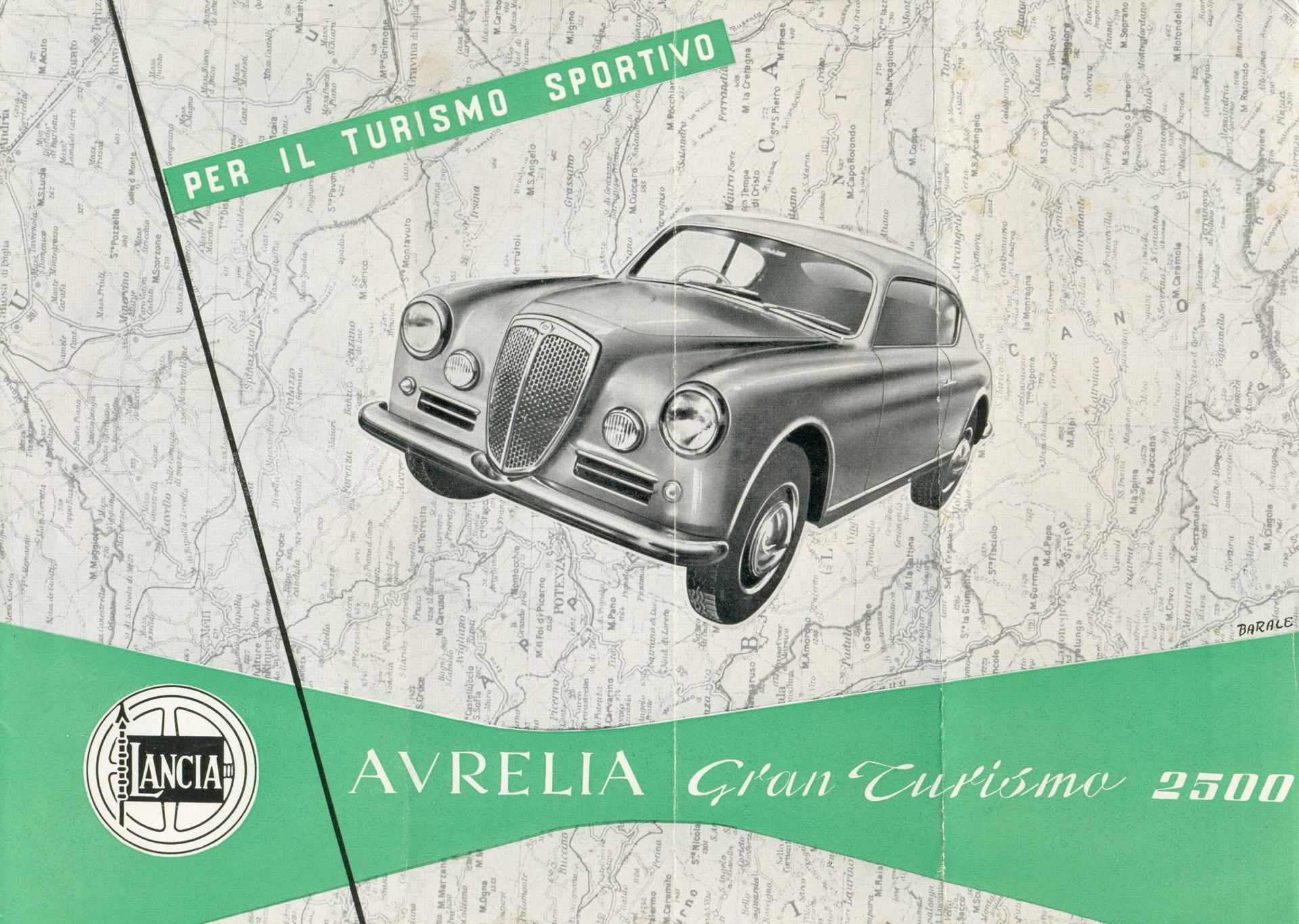 Lancia Aurelia Gran Turismo 2500 car in a vintage advertisement.