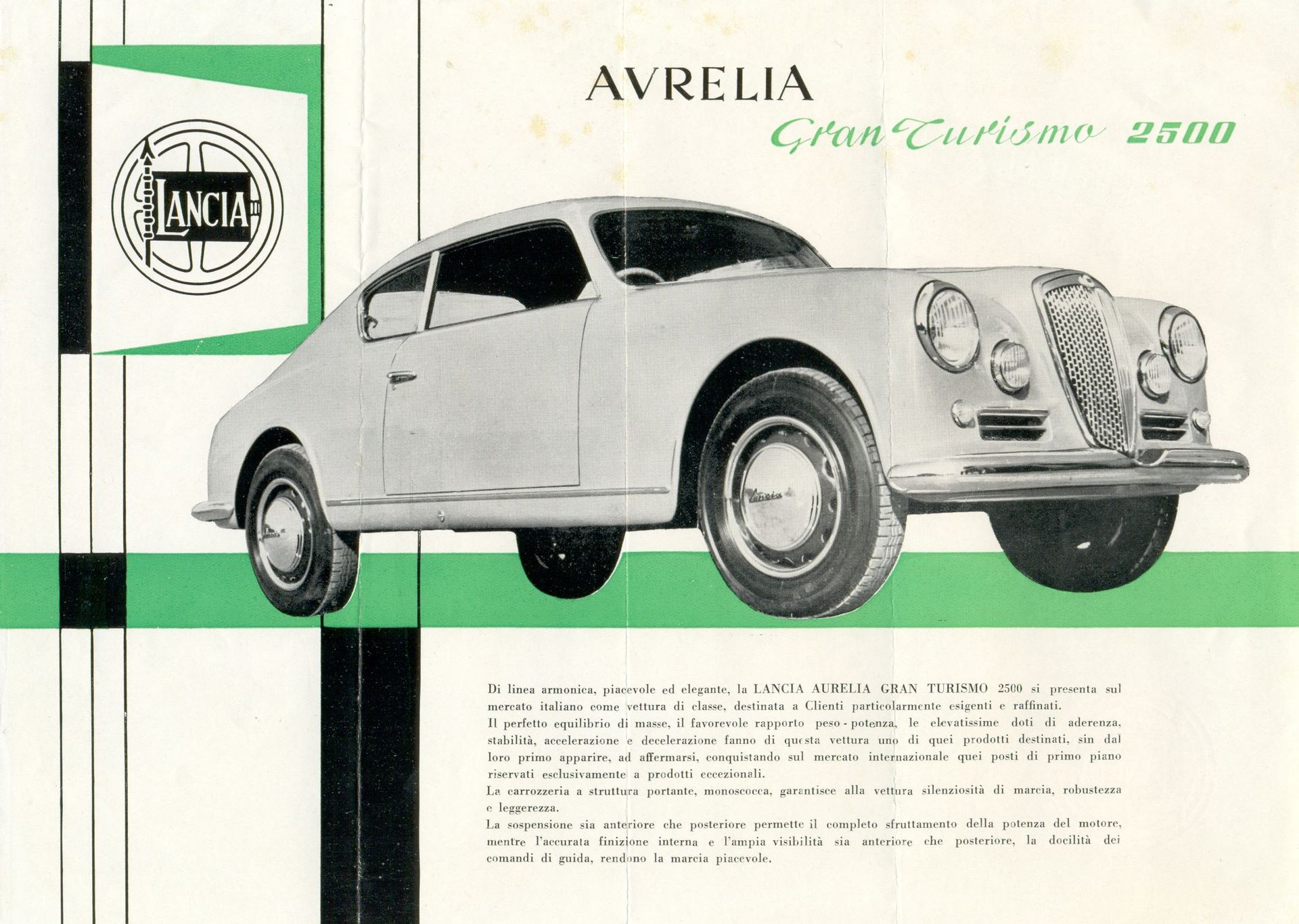 Lancia Aurelia Gran Turismo 2500, a vintage car in a black and white advertisement with green accents.