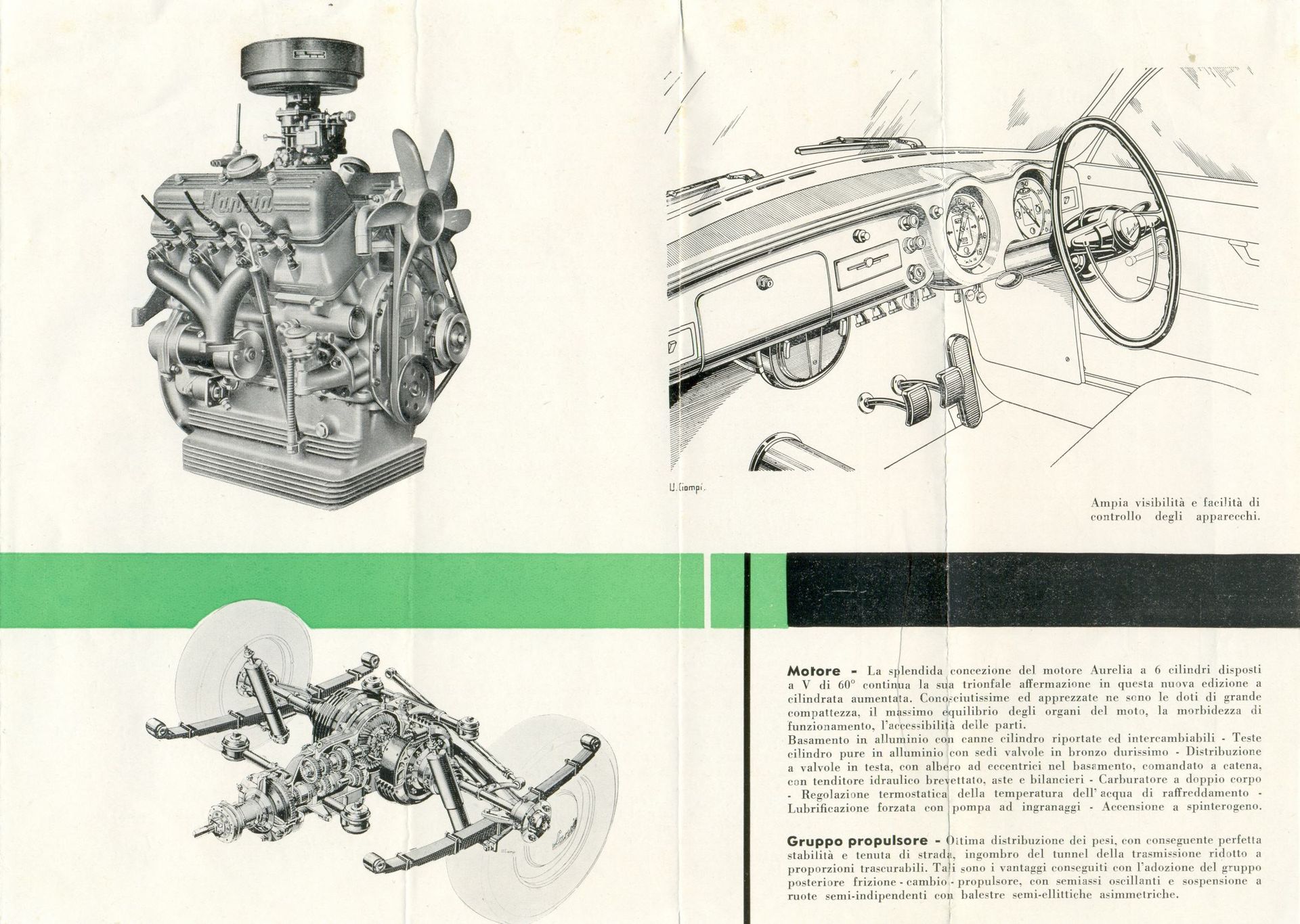 Engine, car dashboard, and suspension system illustrations from a manual, with green and white color scheme.