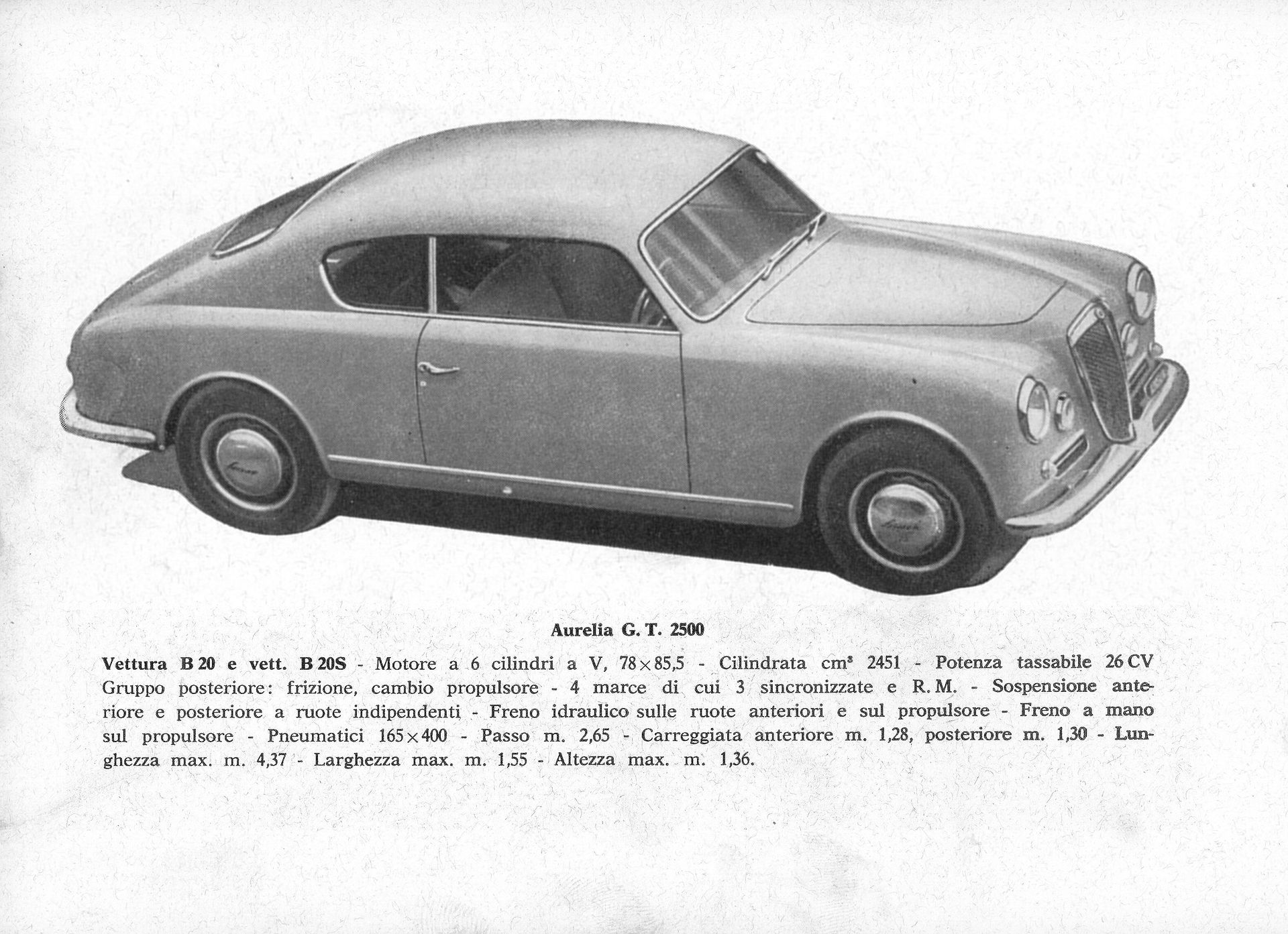 A silver Lancia Aurelia GT 2000 coupe, side view. Vintage advertisement style.