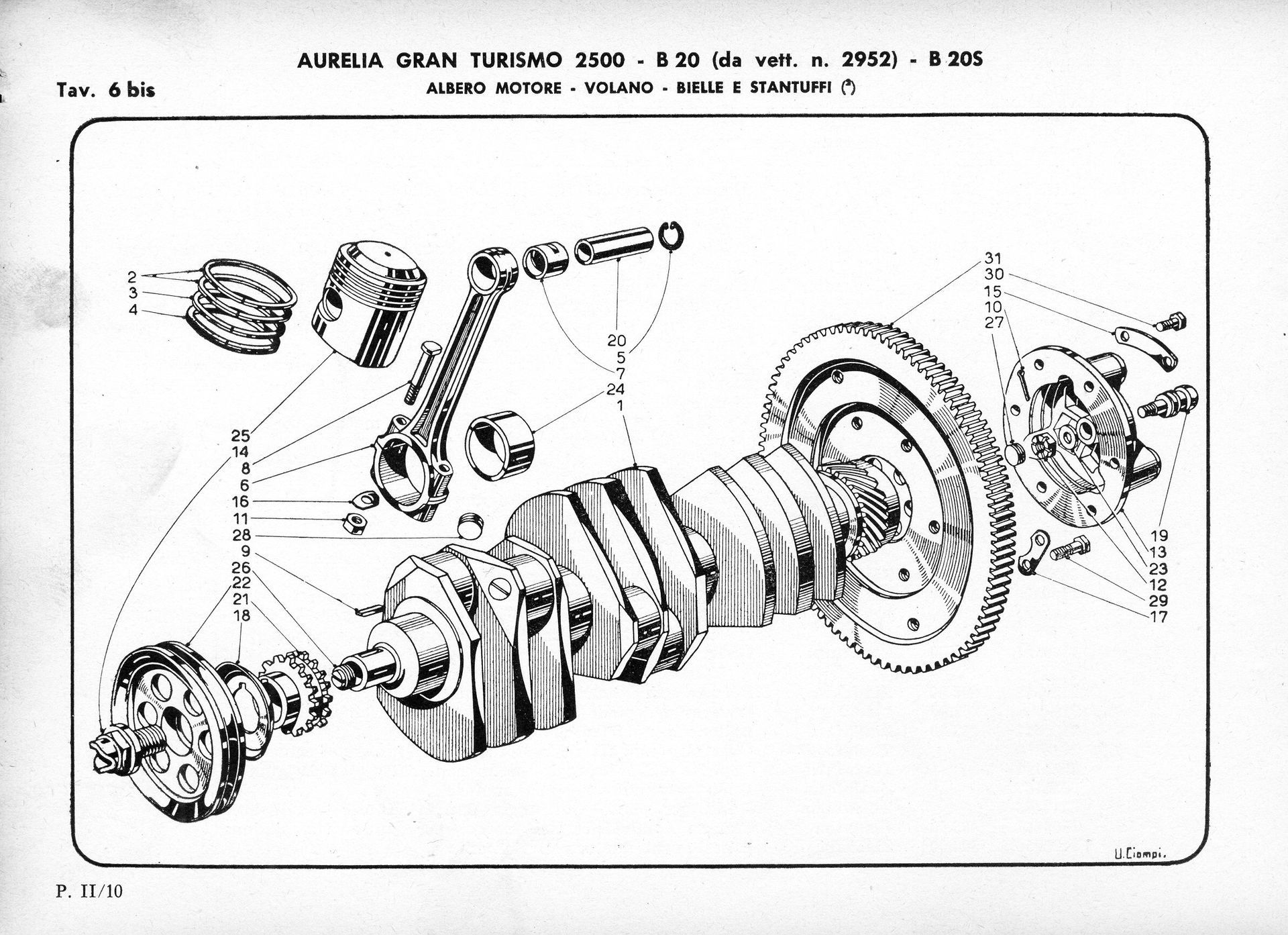 Exploded diagram of an engine's internal components, including the crankshaft, pistons, and flywheel.