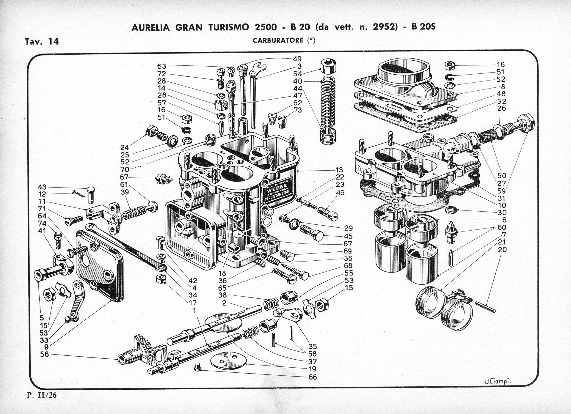 Exploded diagram of a Weber carb, showing its parts labeled, likely for service or assembly.