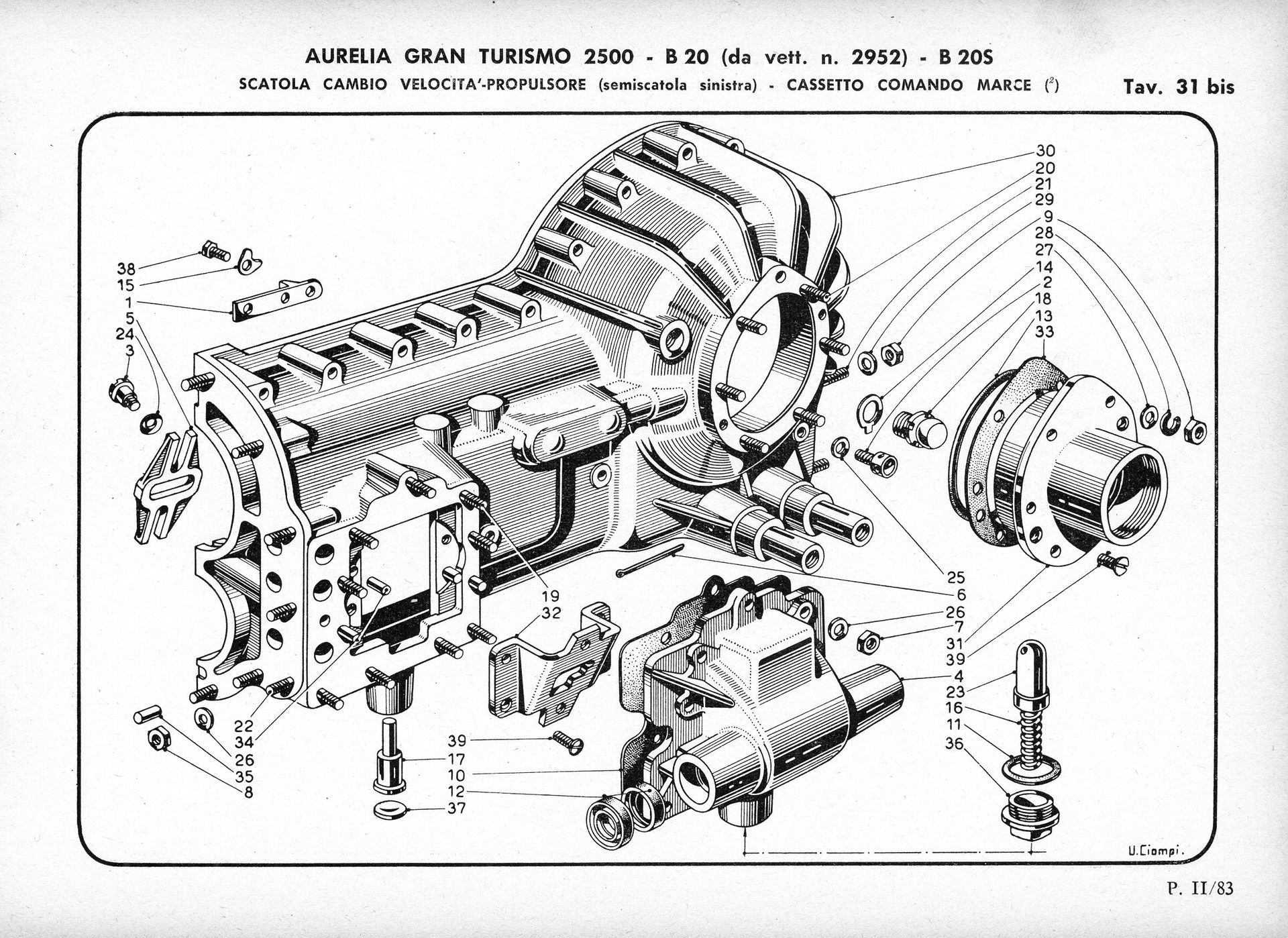 Exploded diagram of a mechanical component, possibly a gearbox. Labeled parts and assembly details are shown.