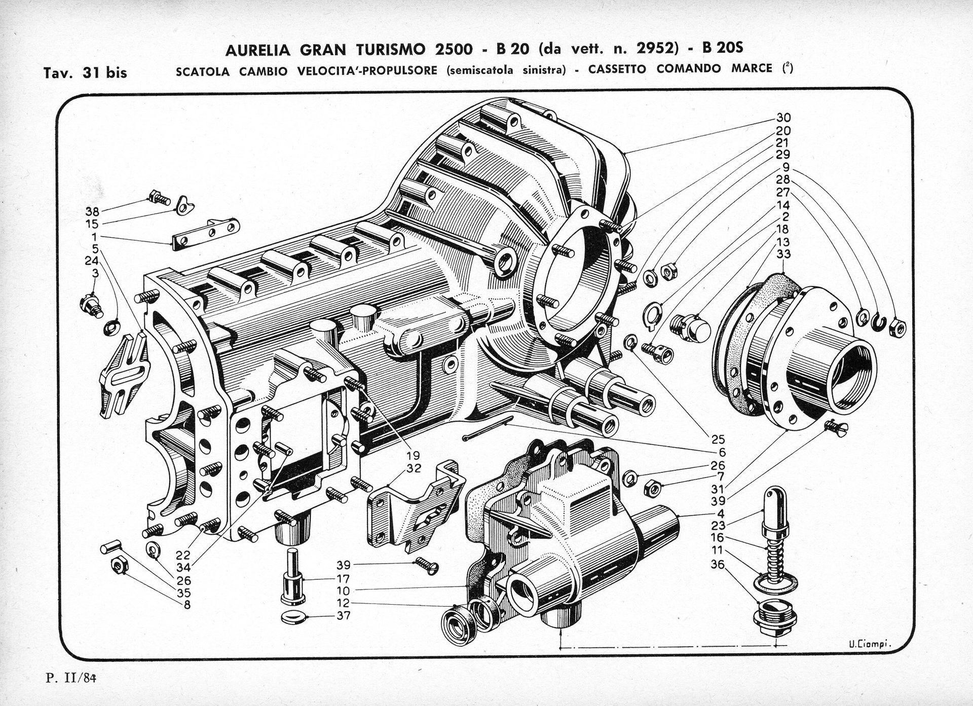Exploded diagram of a car gearbox, illustrating its components and their assembly.